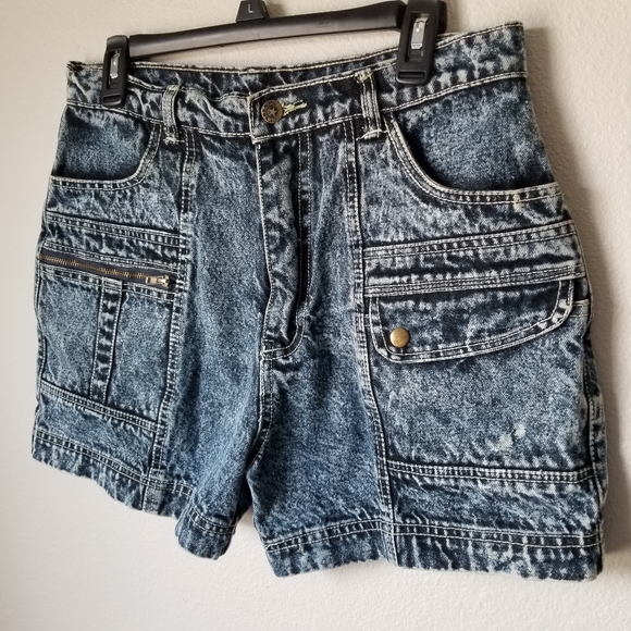 Vintage 80s Sopraffino Acid-Wash Denim Cargo Micro Shorts Size 32 - Picture 2 of 8